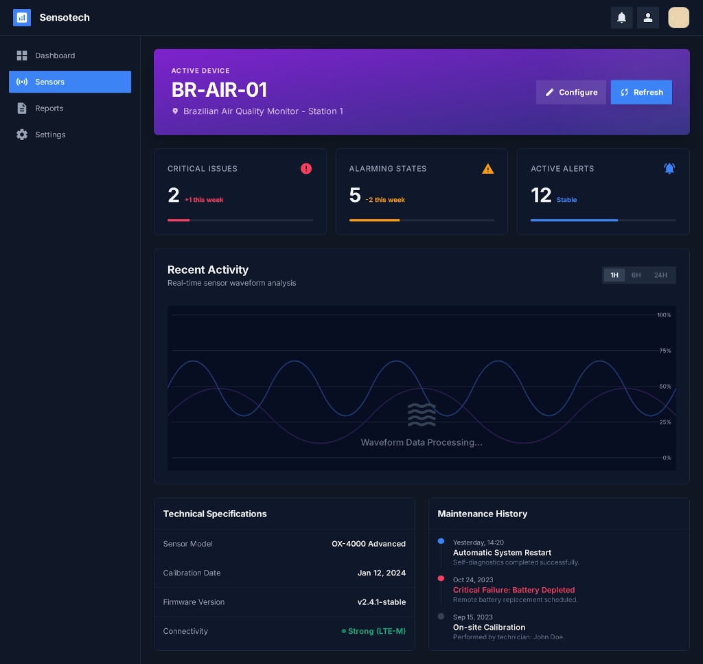 Sensotech Activity Logs — System monitor tracking node status, automated updates, and technician notes