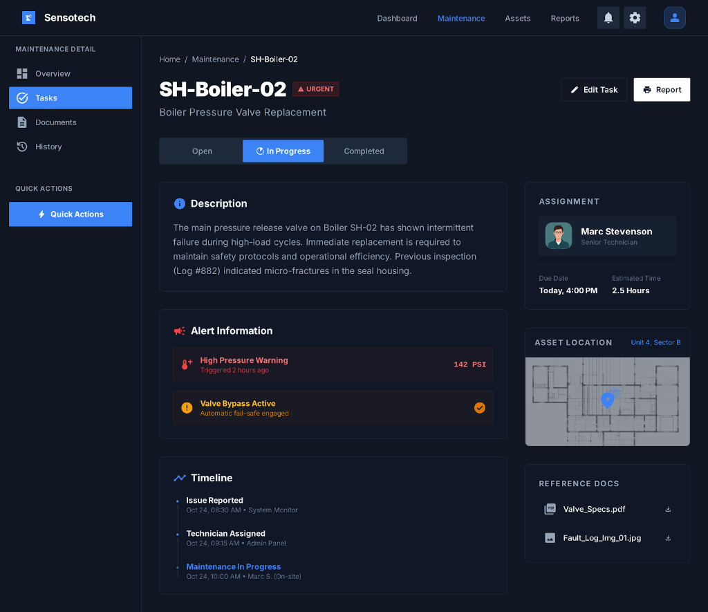 Sensotech Maintenance Detail — Task detail view with alert information, assignment tracking, timeline, and asset location